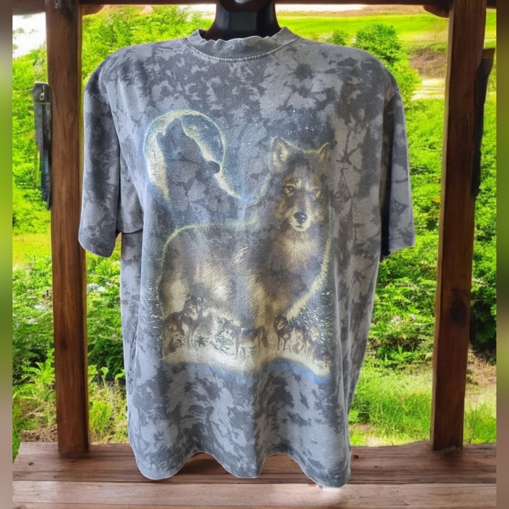 Vintage R&R Sport Tie Dye Wolf Pack Graphic Bluish Gray T-Shirt
